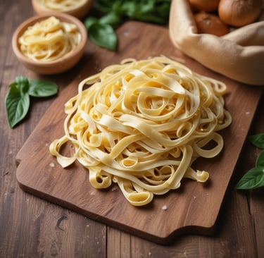 Close-up photo of fresh tagliatelle pasta on a wooden board