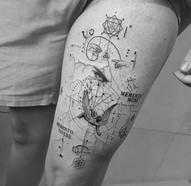 tatuagem delicada traco fino icarus olhar memento mori memento vivere a queda