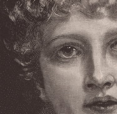 Vintage woodcut engraving of a person's face with intricate line art and crosshatching.