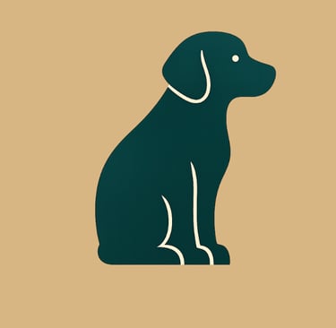 Minimalist dark green dog icon of a sitting puppy on a tan background.