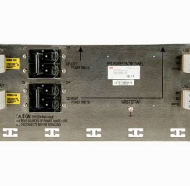 ABB RPS Power Entry Panel with dual line inputs, outputs, and circuit breakers for industrial power distribution.