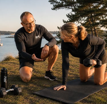 Coach sportif accompagnant une séance de renforcement fonctionnel dans le Golfe du Morbihan