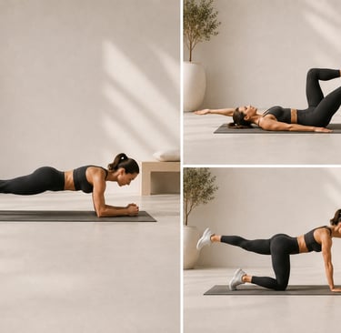 Femme 40+ réalisant des exercices de gainage différents : planche statique, dead bug, bird dog