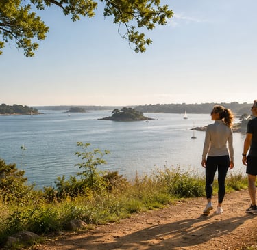 Promenade côtière ensoleillée et paisible pour un couple 40+