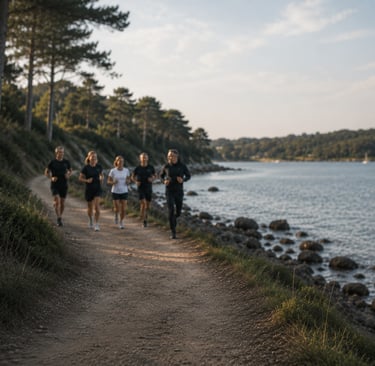 Small group en séance training au bord de l'eau le matin