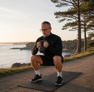 Entrainement fonctionnel d'un exercice de squat avec une kettlebell au bord du Golfe à Sarzeau