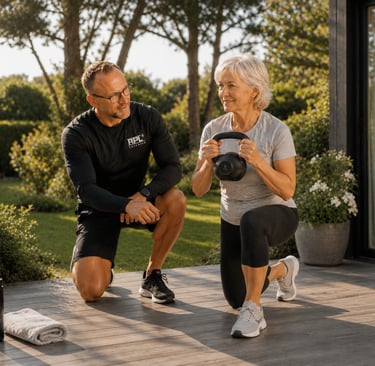Coach RPL+ avec sa cliente sur terrasse à domicile lors d'un entrainement force fonctionnele.