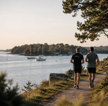 Coach et son client en séance de récupération intelligente au bord du golfe du Morbihan