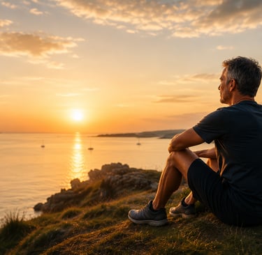 Homme 40/50 ans contemplant le coucher du soleil sur l'océan du côté de la presqu'île de Rhuys en Bretagne