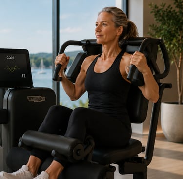 Femme effectuant un exercice de gainage abdominal grâce à une Core Machine.