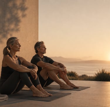 Couple assis sur la terrasse pour un retour au calme après une séance RPL+ afin de favoriser la récupération