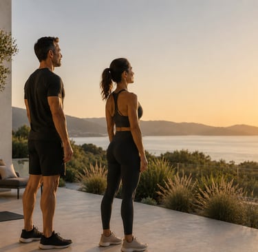 Couple pratiquant une respiration calme au lever du soleil face au Golfe du Morbihan