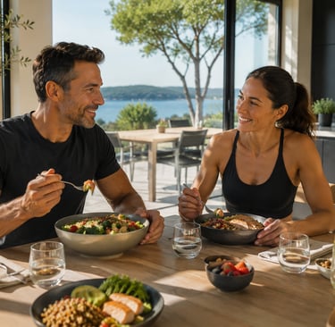 Couple qui déjeune ensemble un repas équilibré apportant glucides, protéines et lipides.