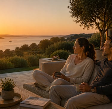 Couple 45/55 en retour au calme contemplant le coucher du soleil sur le Golfe du Morbihan