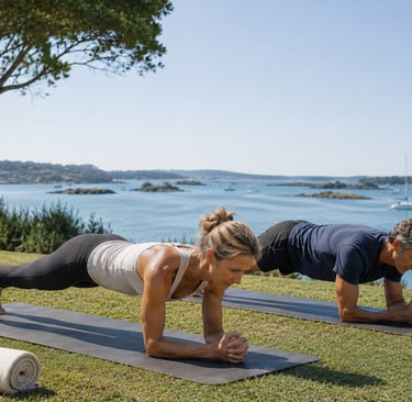 Couple en séance de Pilates sous un beau soleil matinal au bord du Golfe du Morbihan