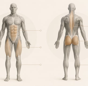 Diagramme anatomique minimaliste du corps humain ciblant les muscles inférieurs lors d'un Goblet Squat