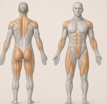 Digramme anatomique du corps humain mettant en évidence les muscles travaillés par l'exercice Farmer Carry