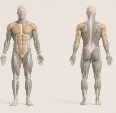 Diagramme anatomique du corps humain mettant en évidence les muscles travaillés par la Chest Press