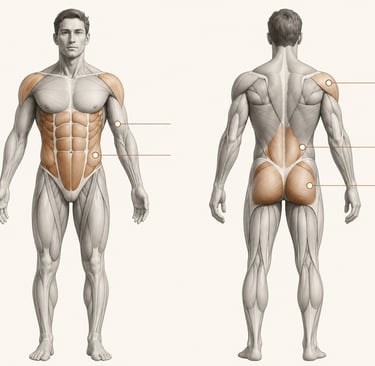 Diagramme anatomique du corps humain mettant en évidence les muscles travaillés par l'exercice de gainage
