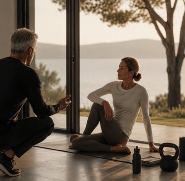 Discussion entre un coach et sa cliente en fin de séance RPL+ dans une ambiance calme et professionnelle.