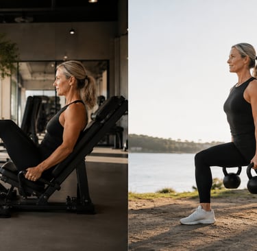 Femme 40+ en entraînement RPL Plus des quadriceps sur machine et au poids du corps avec haltères