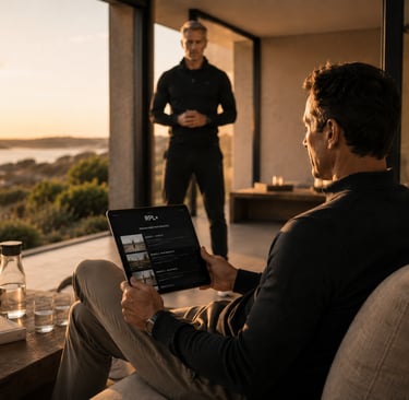 Dirigeant consultant un programme de coaching RPL+ sur tablette dans une villa contemporaine avec vue sur le Golfe