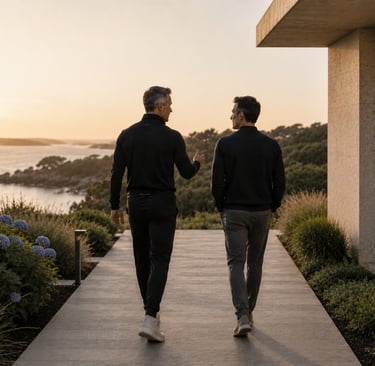 Coach performance et dirigeant marchant côte à côte au coucher du soleil devant une villa contemporaine avec vue sur le Golfe
