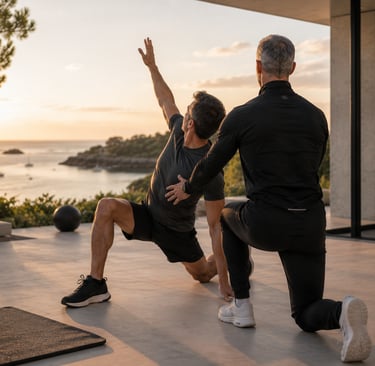 Coach sportif premium accompagnant un dirigeant lors d’un exercice de mobilité fonctionnelle face au Golfe du Morbihan