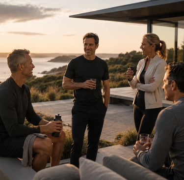 roupe de dirigeants et entrepreneurs échangeant après une séance de coaching bien-être premium face au Golfe du Morbihan