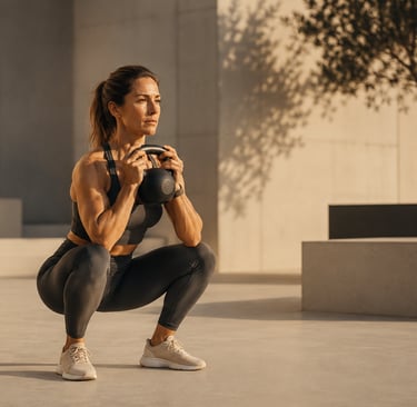 Femme réalisant le pattern squat à l'aide d'un kettlebell dans une ambiance premium avec une lumière douce