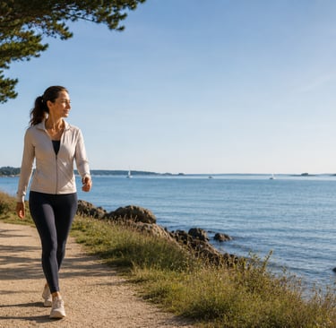 Femme 45/55 pratiquant une marche active le matin sur un sentier au bord du Golfe du Morbihan