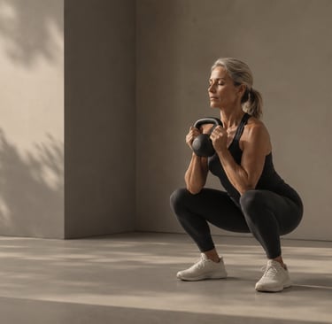 Femme 45/55 ans effectuant un exercice de force fonctionnelle dans un mouvement de Gobblet Squat ' l'aide d'une KettleBell