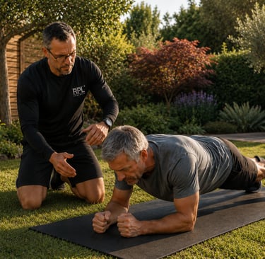 Séance de gainage d'un client RPL+ dans son jardin, sous les yeux du coach pour une éxécution du mouvement en sécurité
