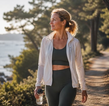 Femme marchant activement sur un sentier du Golfe du Morbihan avec bouteille d’eau en mode récupération de l'effort