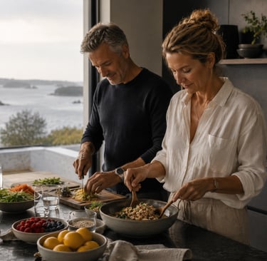 Couple préparant un repas équilibré avec quinoa, légumes et fruits dans une cuisine contemporaine
