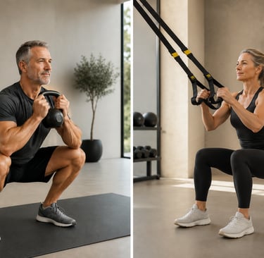 Homme réalisant un Goblet Squat, femme réalisant un Squat à l'aide d'un TRX