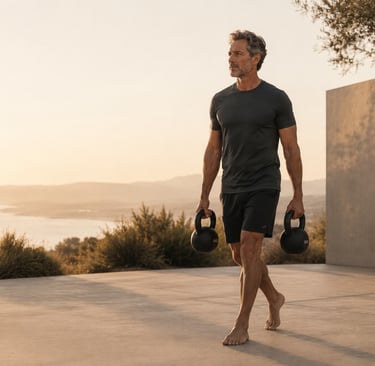 Homme en exercice Farmer Carry avec deux kettlebells en conditionning intelligent lors d'une séance RPL+