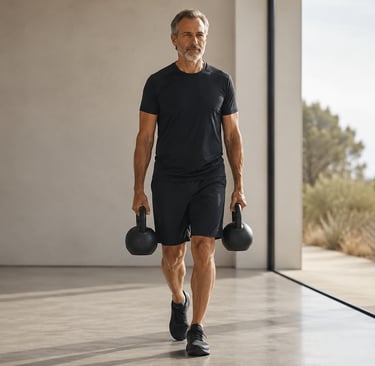 Homme exécutant un Farmer Walk à l'aide de Kettlebells