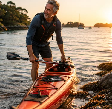 Homme préparant un kayak à l'eau dans le Golfe du Morbihan.