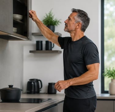 Homme dans une cuisine moderne qui ouvre un placard en hauteur illustrant les bénéfices d'un renforcement musculaire.
