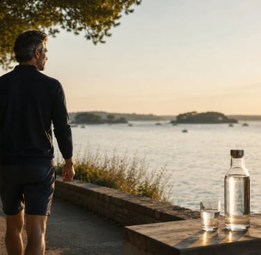 Homme marchant au coucher du soleil face au Golfe du Morbihan avec bouteille et verre d’eau pour une bonne hydratation