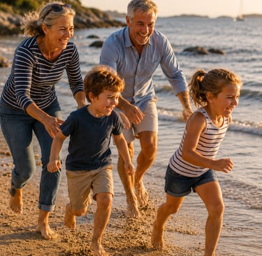 Séance de jeux sur la plage pour un couple et ses petits-enfants.