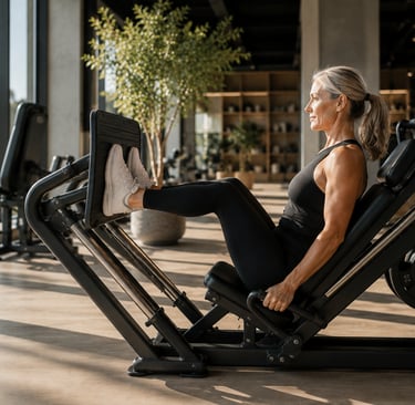 Femme 40 plus effectuant un exercice de renforcement musculaire sur machine leg press