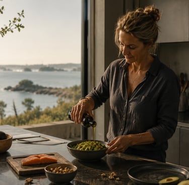 Femme préparant un repas équilibré avec huile d’olive, avocat et saumon dans une cuisine contemporaine