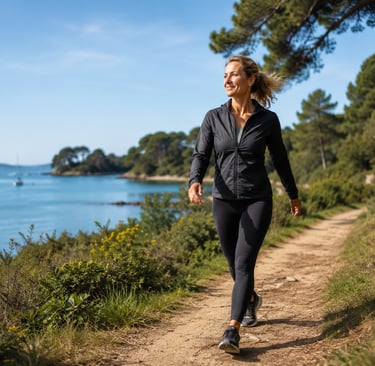 Femme marchant de façon active sur un sentier du Golfe du Morbihan : mobilité, énergie et récupération durable.
