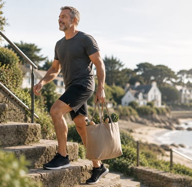 Homme de 40+ en mouvement au bord de la mer portant sac de retour du marché à Arzon