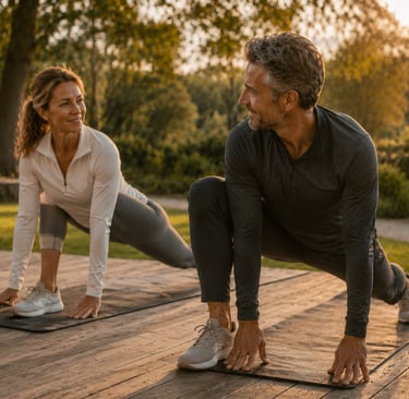 Couple réalisant une séance de mobilité et d’étirements dans une ambiance wellness premium en récupération articulaire