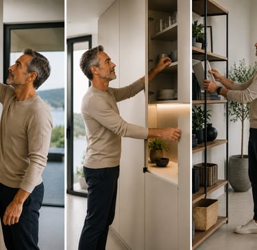 Moments de vie dans un intérieur moderne illustrant l'importance de la mobilité et du renforcement musculaire des épaules.