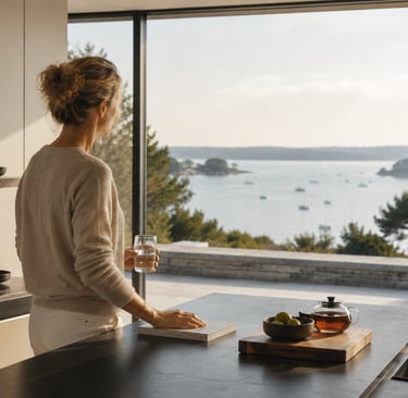 Femme contemplant le Golfe du Morbihan depuis une cuisine contemporaine avec verre d’eau et thé