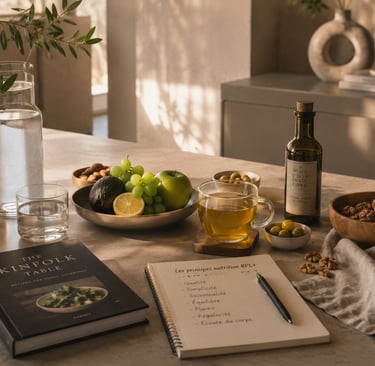 Nature morte lifestyle premium illustrant les principes nutrition RPL+ avec eau, thé, huile d’olive, fruits et oléagineux